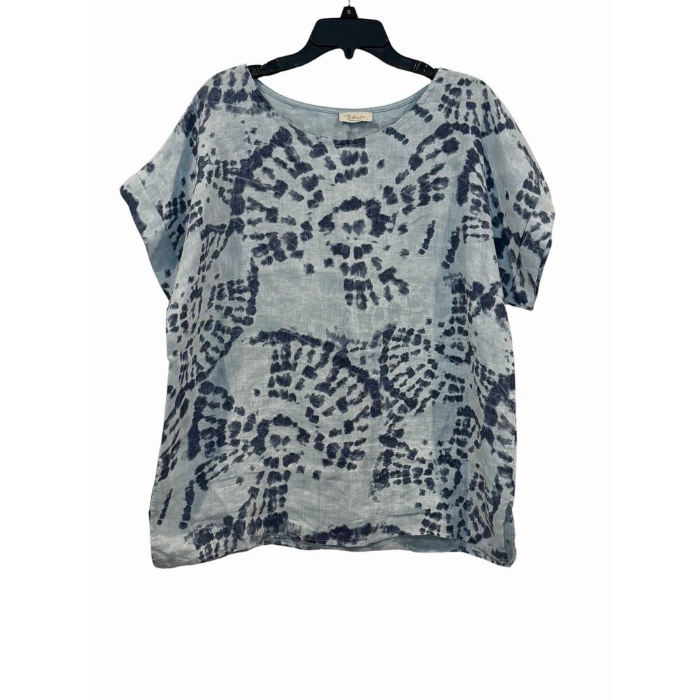 Bellambia Women’s 100% Linen Navy Tie-Dye Short Sleeve Round Neck Top Size L
